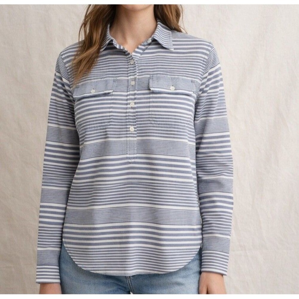 Chaps Blouse Shirt Women's M Blue White Striped 3/4 Button Down Chambray Soft